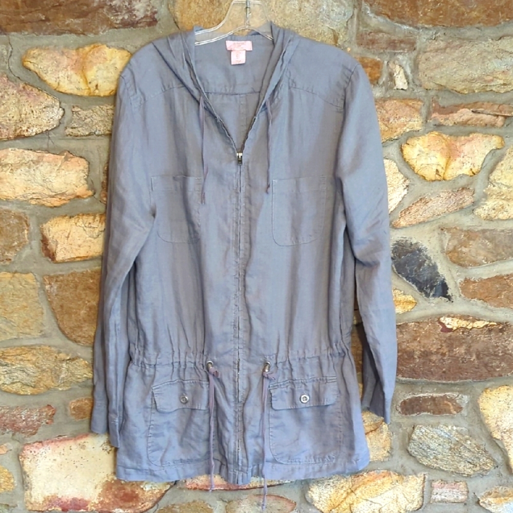 St. Tropez 100% Linen Gray Zip Up Hooded Jacket